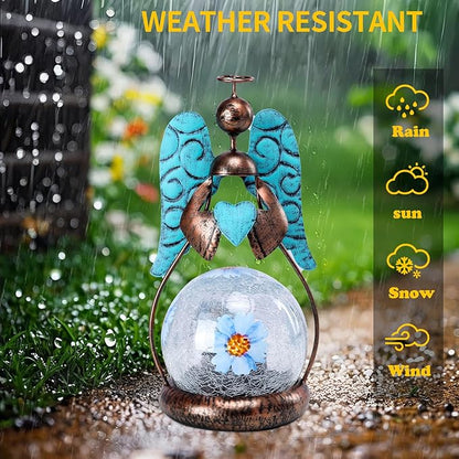MUMTOP Angel Solar Lights Outdoor Garden - Solar Lanterns Light Decorative Waterproof with Glass Cracked Globe Tabletop Lantern Lamp Ornaments for Yard Patio Decor Gift (Hold Heart)