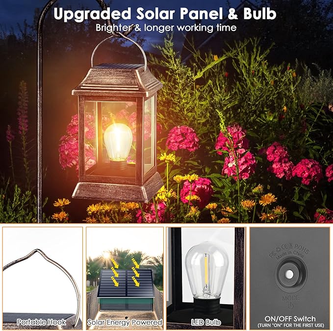UBright Metal Solar Lantern Lights Outdoor Waterproof Hanging Solar Lights for Outside Garden Lights for Patio Yard LED Bulb 2 Pack