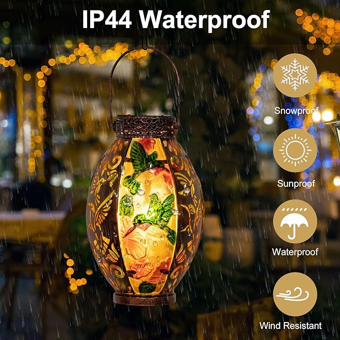 Hanging Solar Lantern Outdoor Waterproof Glass Solar Hummingbird Flickering Flame LED Garden Light Metal Hollowed-Out Table Lamp Garden Decoration for Yard Patio Pathway Tabletop Tree