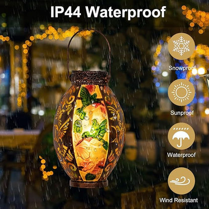 Hanging Solar Lantern Outdoor Waterproof Glass Solar Hummingbird Flickering Flame LED Garden Light Metal Hollowed-Out Table Lamp Garden Decoration for Yard Patio Pathway Tabletop Tree