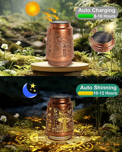 2 Pack Mushroom Solar Lanterns Outdoor Waterproof, Garden Decor Birthday Gifts for Women Mom Grandma Sister, Metal Hanging Solar Lights Outside Decorative for Backyard Patio Lawn Pathway Landscape
