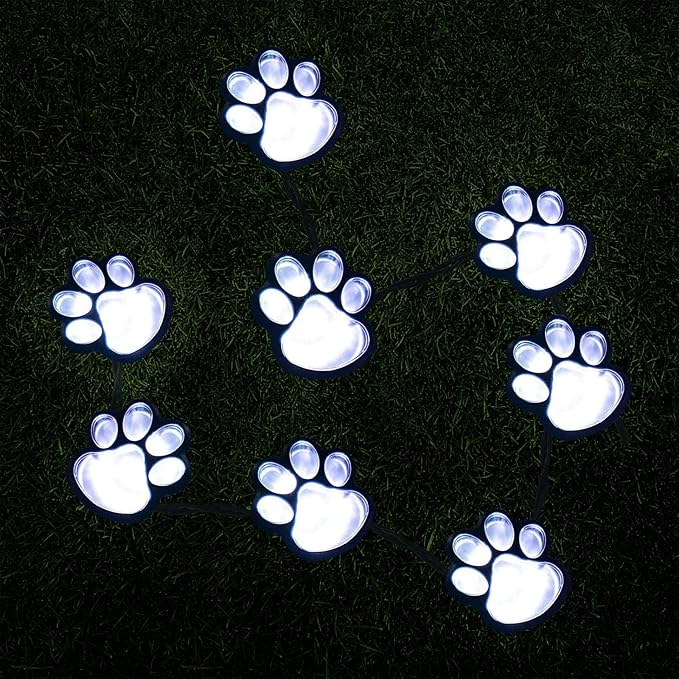 16.8ft Paw Print Solar Lights - Dog Cats Animal Solar String Lights (Set of 8) Outdoor Waterproof, Cat Puppy Animal Décor Walkway Lighting, Gifts for Pet Lovers (Cold White)