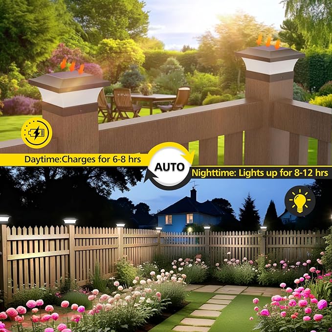 T-SUN Solar Post Lights, Waterproof Outdoor Solar Post Cap Lights for 4X4 Wooden Posts, 6000K Cool White LED Lighting, Deck, Patio Garden Decor or Fence(2 Pack)