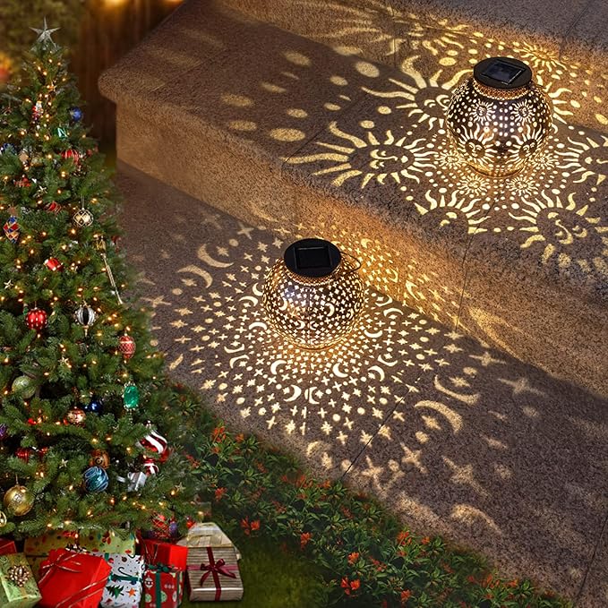 Go2garden 2Pack Solar Lanterns Outdoor Waterproof Garden Gifts for Mom Moon Star Sun Solar Lights for Balcony, Yard,Birthday Mothers Day Gifts for Grandma Wife (Bronze)