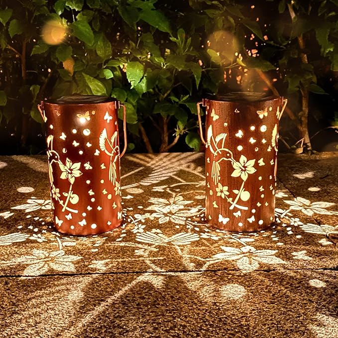2-Pack Charming Hummingbird Solar Lanterns for Garden, Waterproof LED
