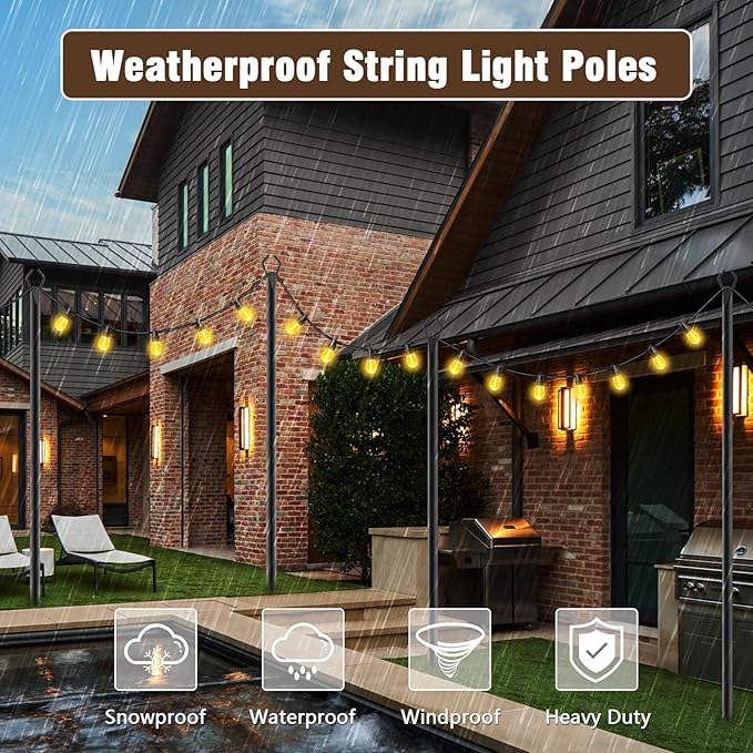 4-Pack Metal String Light Poles, 10ft Patio Light Stands