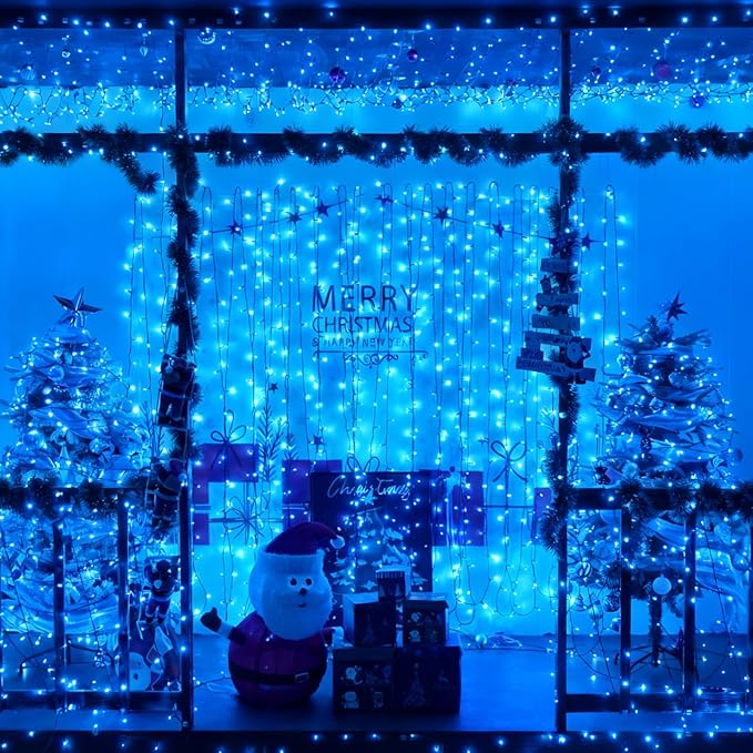 YEGUO Christmas Lights Battery Operated, 2 Pack Each 33ft 100 LED Blue String Lights Outdoor Waterproof, 8 Modes Green Wire Fairy Light Indoor with Remote