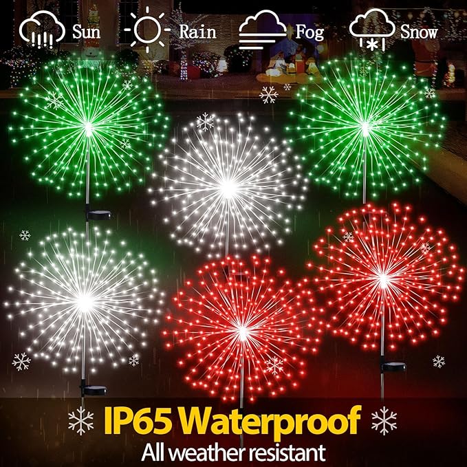 6 Pcs Christmas Solar Firework Stake Lights 180 LED 8 Modes Solar Waterproof LED Sparkler Lights Outdoor Decoration for Garden Patio Yard Pathway Walkway Lawn Xmas Decor (Red Green White)