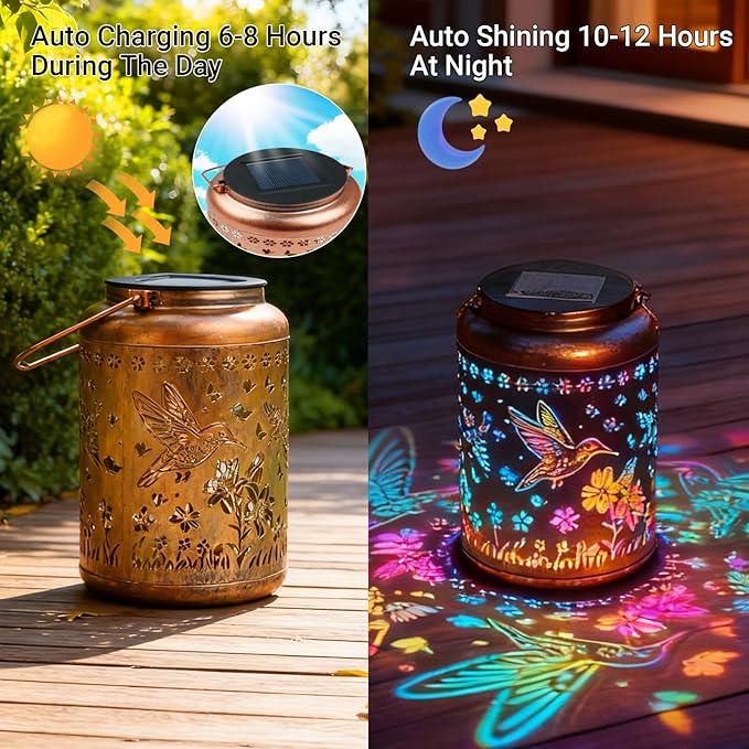 Solar Lanterns Outdoor Waterproof Hummingbird Garden Decor, Birthday Gifts for Women Mom Grandma Seniors, Metal Hanging Lanterns Decorative Colorful LED Lights for Lawn, Yard, Patio, Backyard, Porch