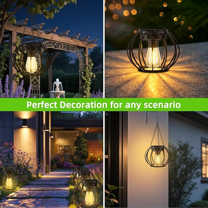 2 Pack Solar Lanterns Outdoor Waterproof, Upgraded Metal LED Lanterns, Warm Light, Auto On/Off, Brighter Hanging Solar Lantern for Yard Patio Pathway Porch Garden Decor (Pumpkin)