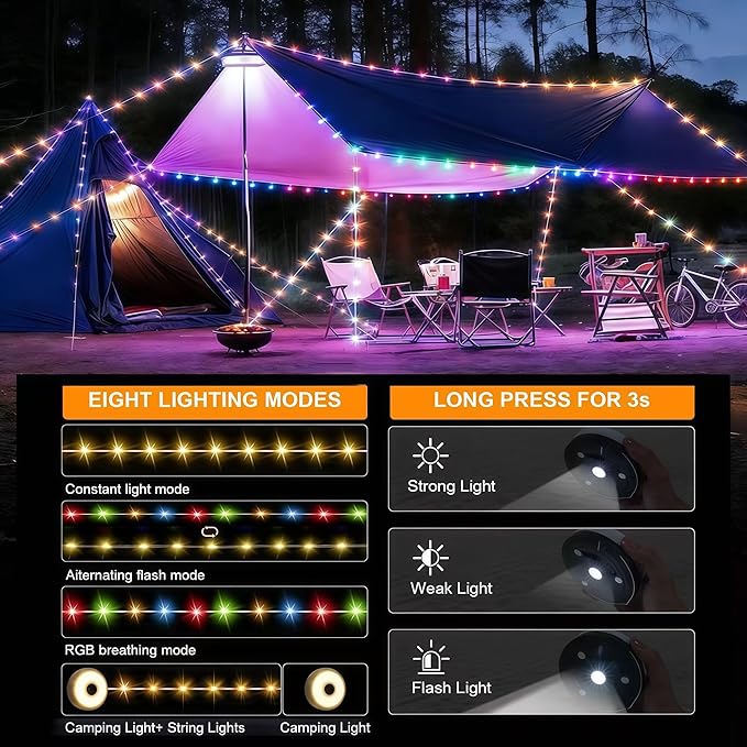 2-Pack Camping String Lights, 4-in-1 Quick-Closing, 32.8-Foot Rechargeable Tent Lights, 8 Lighting Modes, Portable LED Lights, Christmas Fairy Lights Party Decorations Camping Essentials