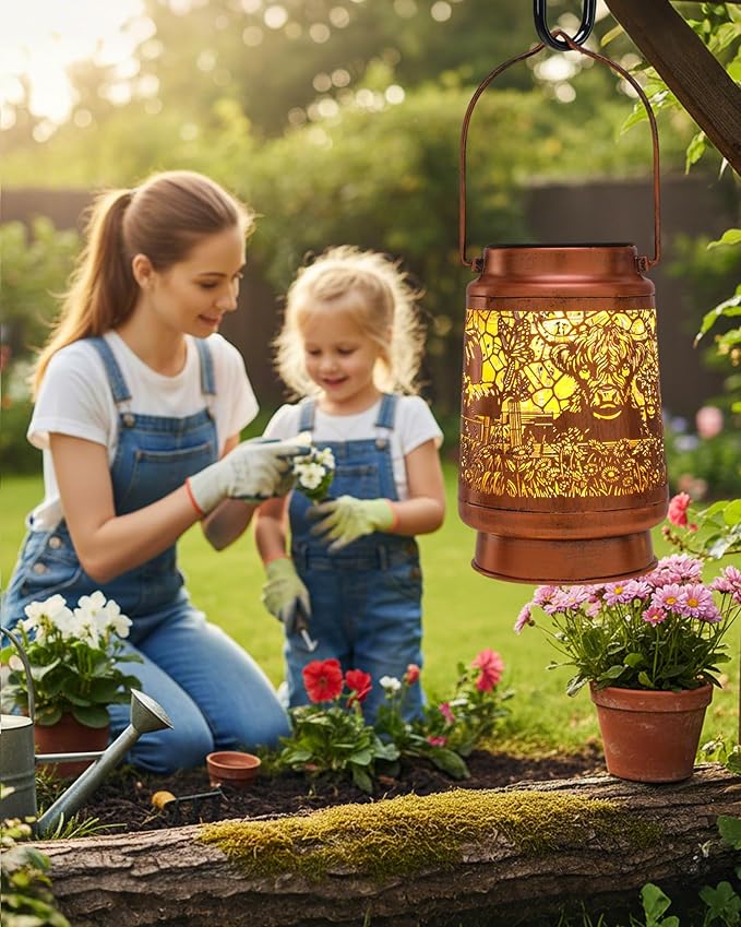 Highland Cow Gifts for Women - Metal Outdoor Solar Lights for Yard Garden Patio Lawn Balcony Waterproof Cows Lanterns Hanging Lighting Decor Mom Grandma Wife Friends New Year Birthday Gift