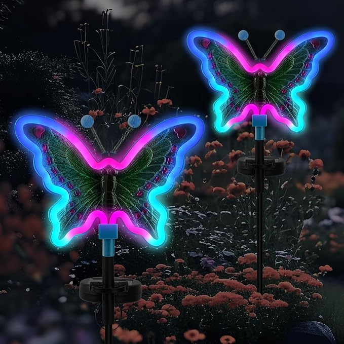 Solar Butterfly Lights Outdoor,Butterfly Solar Lights for Outside, Solar Garden Decor, Outdoor Garden neon Lights,Pathway Butterfly Lights, Gifts for mom (Light Blue,2pack)