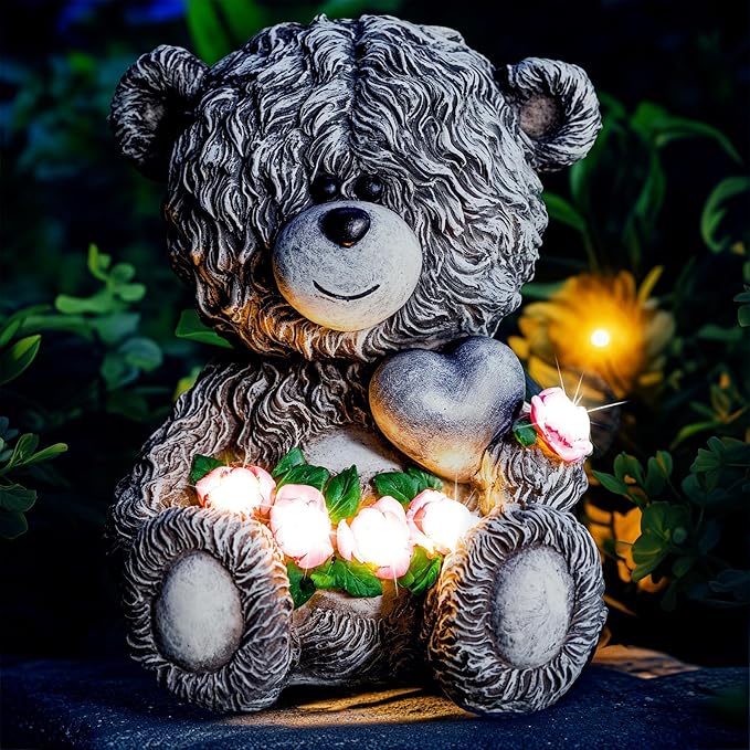 Solar Garden Outdoor Statues Bear with Heart and Pink Flower and 5 LED Lights-Lawn Decor Bear Statue for Patio, Balcony, Yard Ornament-Unique Housewarming Gifts for Mom, Women
