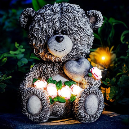 Solar Garden Outdoor Statues Bear with Heart and Pink Flower and 5 LED Lights-Lawn Decor Bear Statue for Patio, Balcony, Yard Ornament-Unique Housewarming Gifts for Mom, Women