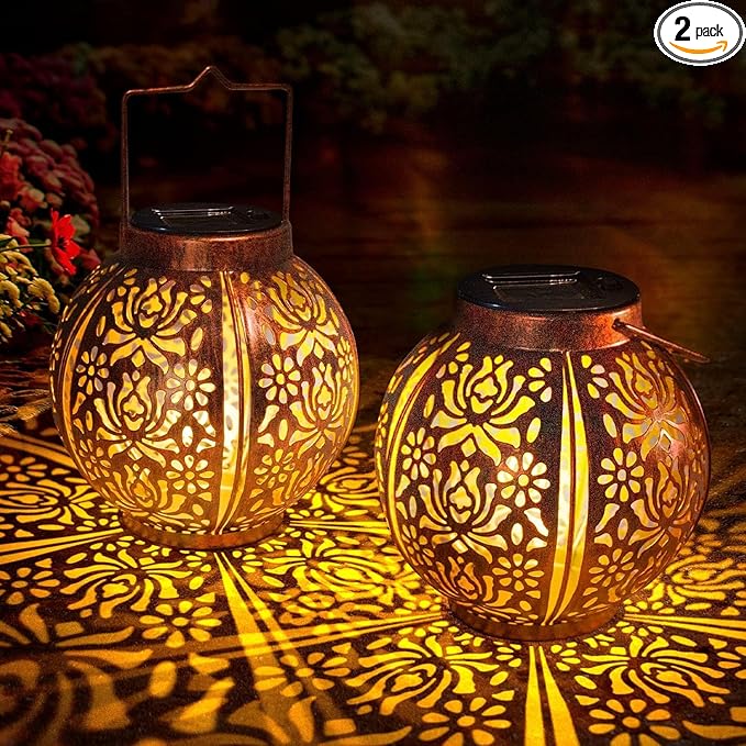 Moroccan Solar Hanging Lanterns 2-Pack, Metal Backyard Decor