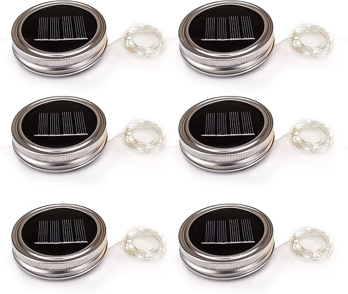 Sunshine Mason Co. Solar Mason Jar Fairy Firefly String Lights Regular Mouth Lid Cool White 20 LED's 6 Pieces