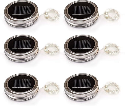 Sunshine Mason Co. Solar Mason Jar Fairy Firefly String Lights Regular Mouth Lid Cool White 20 LED's 6 Pieces