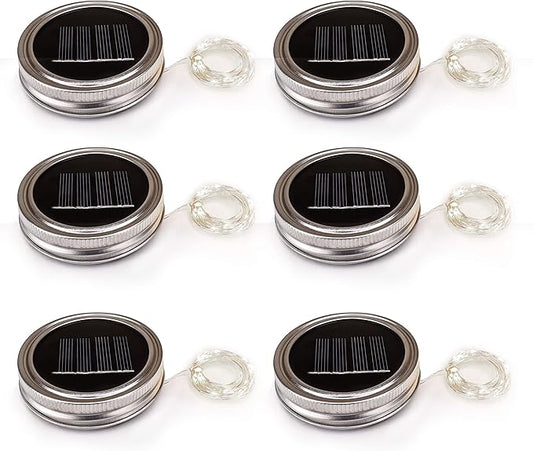 Sunshine Mason Co. Solar Mason Jar Fairy Firefly String Lights Regular Mouth Lid Cool White 20 LED's 6 Pieces