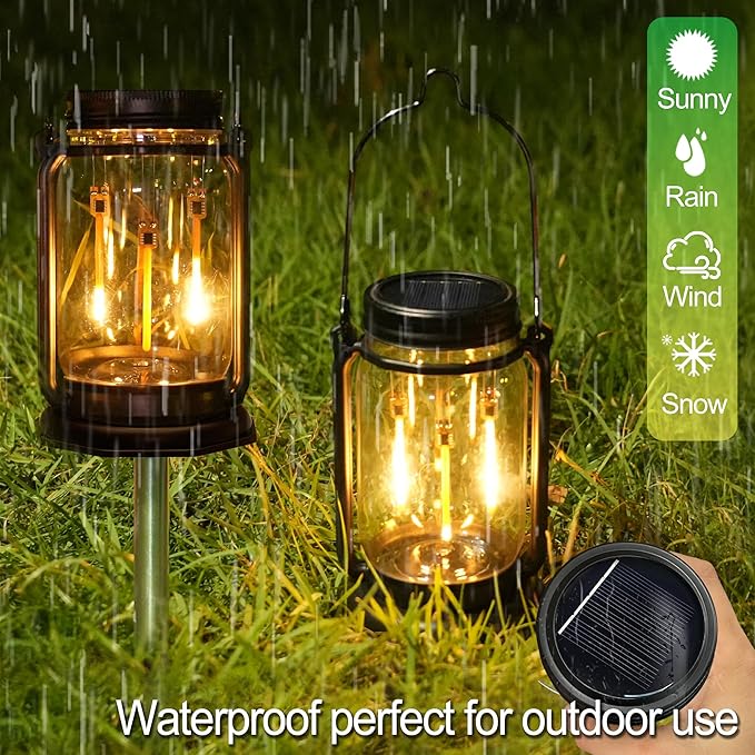 Solar Mason Jar Meteor Light Lanterns, Falling Raindrops Warm White LED Lights Build-in Mason Jar, Outdoor Decorative Waterproof with Stakes for Patio, Yard, Lawn, Tree (Vintage Lanterns, 4)