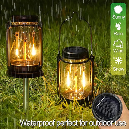 Solar Mason Jar Meteor Light Lanterns, Falling Raindrops Warm White LED Lights Build-in Mason Jar, Outdoor Decorative Waterproof with Stakes for Patio, Yard, Lawn, Tree (Vintage Lanterns, 4)
