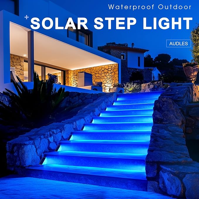 8 Pack Solar Stair Lights, Outdoor Step Lights with Waterproof IP67, Blue Color LED Solar Light for Outside Light Decor for Stair, Deck, Front Step, Front Porch, Patio and Backyard