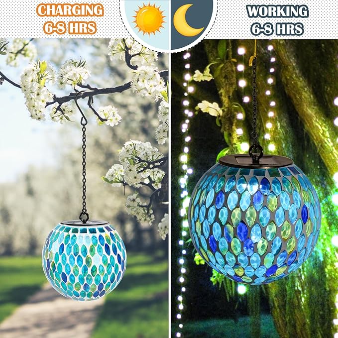 Mosaic Solar Hanging Lanterns, Rustic Yard Decor