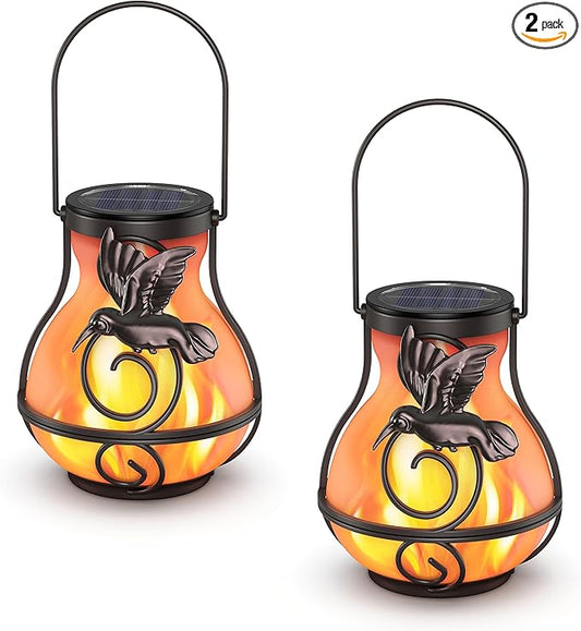 2 Pack Solar Lanterns Outdoor Waterproof, Hanging Hummingbird Flickering Flame Light Garden Decor Hanging Lights Decorative for Outside Patio Pathway Yard Christmas Birthday Gifts