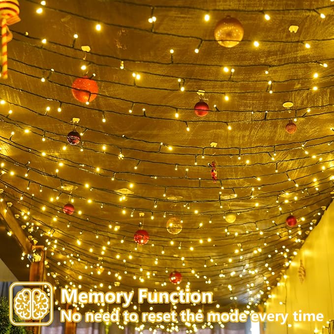 YEGUO Christmas Lights Battery Operated, 2 Pack Each 33ft 100 LED Warm White String Lights Outdoor Waterproof, 8 Modes Green Wire Fairy Light Indoor with Remote