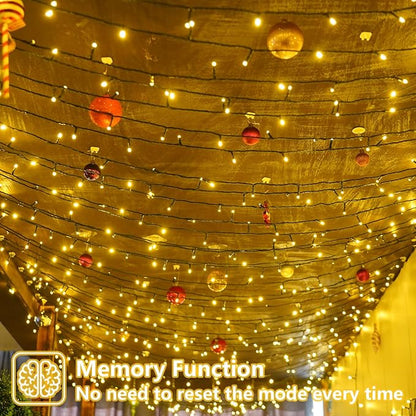 YEGUO Christmas Lights Battery Operated, 2 Pack Each 33ft 100 LED Warm White String Lights Outdoor Waterproof, 8 Modes Green Wire Fairy Light Indoor with Remote