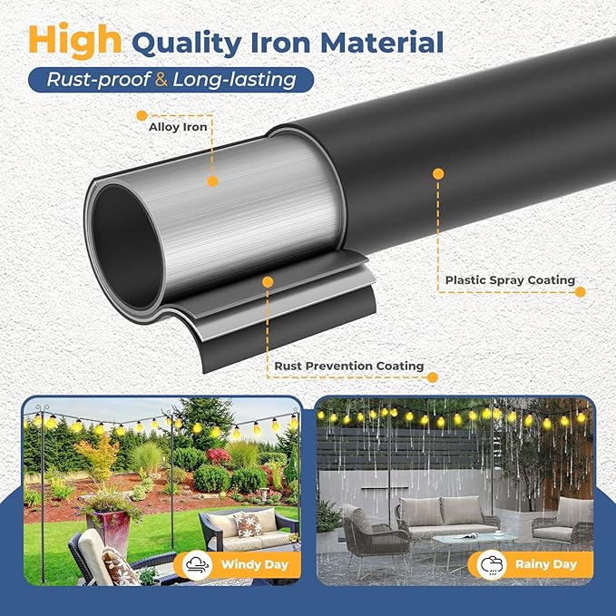 Adjustable String Light Pole 8 FT, 1 Pack Heavy Duty 38mm Rustproof Metal Mounting Pole for Deck, Fence, Patio - Dual Installation Garden Light Holder