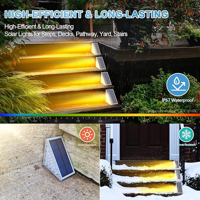 LED Solar Step Lights Waterproof Outdoor Stair Lights, Warm White Solar Deck Light IP67 Solar Decoration Lights for Yard, Patio, Garden, Walkways, Front Door, Pathway, Driveway, Porch 2PK