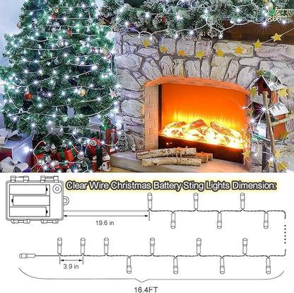 4 Pack Battery Operated Christmas String Lights,16.5Ft 50LED Tree Lights Timer Auto On/off Clear Wire Christmas Lights,8 Modes Fairy Lights Indoor Outdoor Light for Xmas Tree Wreath Garden Patio Deck