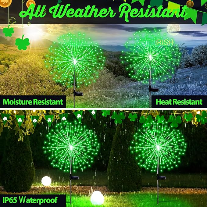 6 Pcs St. Patrick's Day Solar Firework Stake Lights 180 LED 8 Modes Waterproof LED Sparkler Lights Outdoor Decoration for Irish Garden Patio Yard Pathway Walkway Lawn, Green