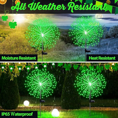 6 Pcs St. Patrick's Day Solar Firework Stake Lights 180 LED 8 Modes Waterproof LED Sparkler Lights Outdoor Decoration for Irish Garden Patio Yard Pathway Walkway Lawn, Green