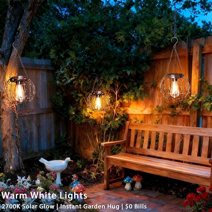 Hanging Solar Lanterns, Solar Lights Outdoor Waterpoof, Solar Chandelier with Warm White Led Bulb, Beaded Copper Wire Ball Shade Patio Garden Decor Lights for Tree Yard Pathway Wall Eave Pergola-2Pack