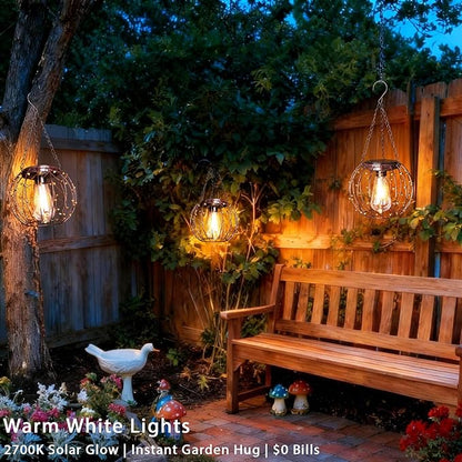 Hanging Solar Lanterns, Solar Lights Outdoor Waterpoof, Solar Chandelier with Warm White Led Bulb, Beaded Copper Wire Ball Shade Patio Garden Decor Lights for Tree Yard Pathway Wall Eave Pergola-2Pack