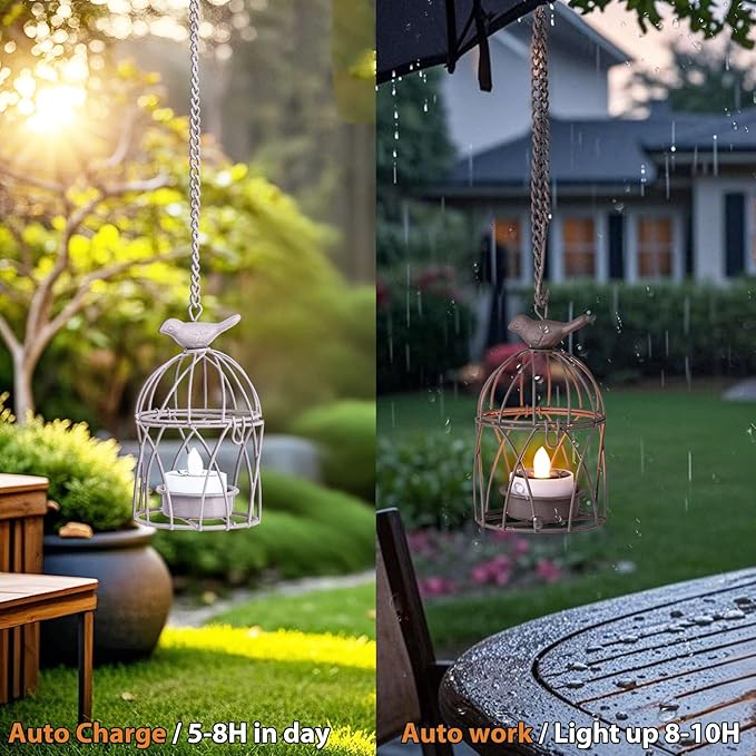 Solar Lanterns Outdoor Waterproof, Rust Iron Cage Candle Holder with Flickering Solar Powered Tea Lights, Hanging Solar Lights for Outside Tree Backyard Patio Garden Fence Decoration-4Pack
