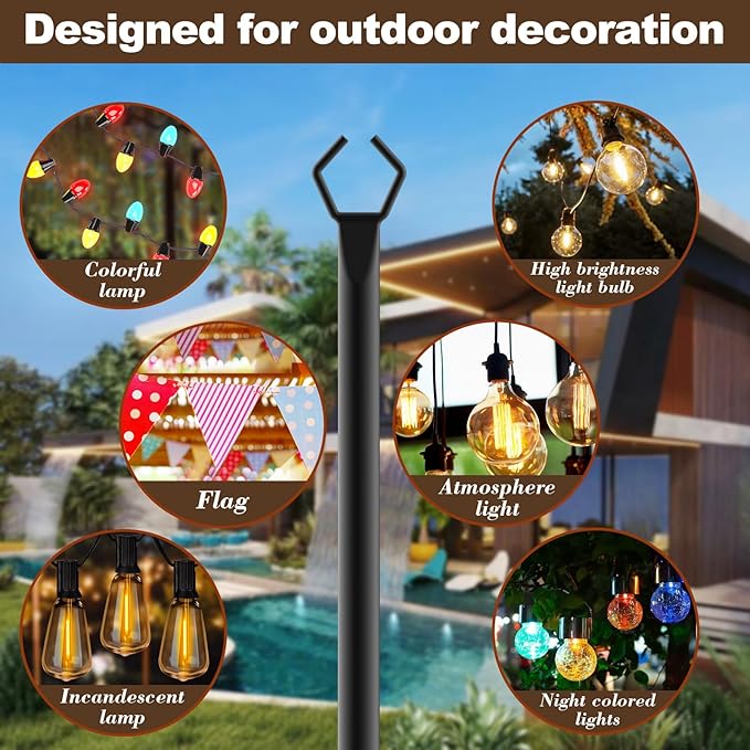 4-Pack Metal String Light Poles, 10ft Patio Light Stands