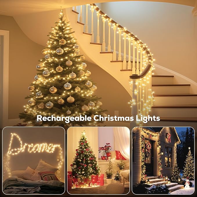 Rechargeable Battery Operated String Lights with Remote, 33ft 100 LED Rechargeable Battery Twinkle Lights Waterproof, Christmas Light Outdoor Indoor for Tree Christmas Decor(Warm White)