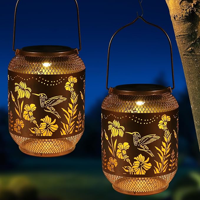 Hummingbird Solar Lanterns Outdoor,Birthdays Gifts for Women, Metal Waterproof Hanging Hollow Out Garden Decorative Solar LED Light for Yard, Patio, Lawn,Porch,Backyard - Pack of 2