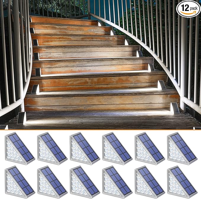 NIORSUN Solar Step Lights,12 Pack Cool White Solar Stair Lights Outdoor Waterproof IP67 Auto On Off,Solar Lights for Steps,Stair,Patio,Yard,Porch,Front Door,Sidewalk,Deck Decor
