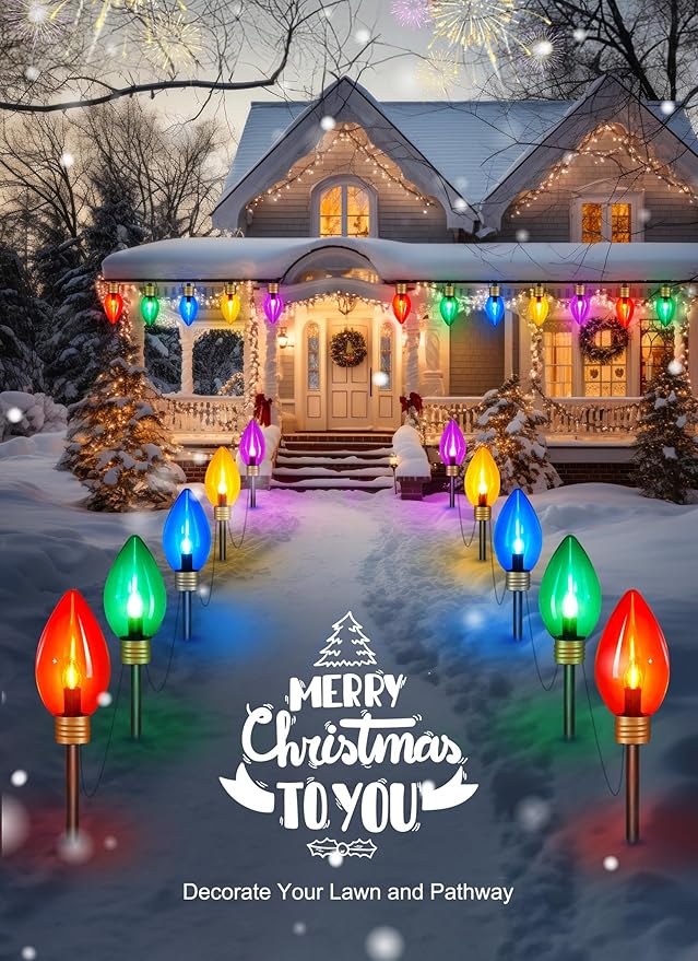 Super Jumbo C9 Christmas Pathway Lights - 11FT 5 LED C9 Pathway Light, Multicolor Christma Decoration Outside, Waterproof Giant Christmas Lights Outdoor Decoration for Yard Holiday Lawn Walkway