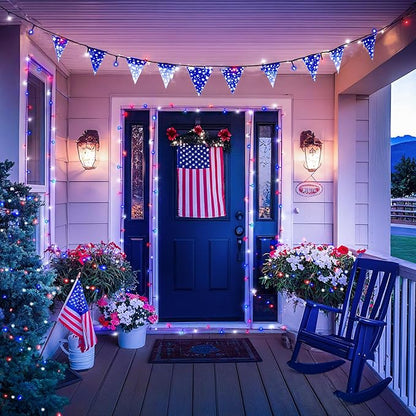 JMEXSUSS Red White and Blue Lights Outdoor Indoor, 2 Pack 100 LED 4th of July String Lights Battery Operated Waterproof for Patriotic Decoration Outside House Garden Tree