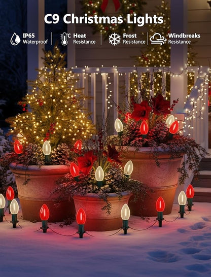 19.5FT Red and White C9 Christmas Pathway Lights, Outdoor LED String Lights with 10 Connectable Bulbs, Waterproof Yard Decor for Walkway, Driveway, Garden, and Holiday Lighting