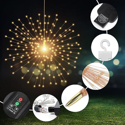 4 Pcs 800LED Solar Starburst Sphere Lights,Firework Light Remote Control Timer 8 Modes Dimmable Waterproof Hanging Fairy Lights, Sparkly Light for Patio Garden Tent Outdoor(Warm White)