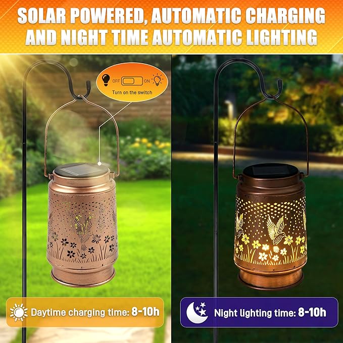 2 PCS Hummingbird Solar Lantern - Outdoor Decorative Solar Lanterns for Garden, Patio, Backyard, and Porch - Waterproof Hanging Lantern for Outside - Perfect Gifts for Women