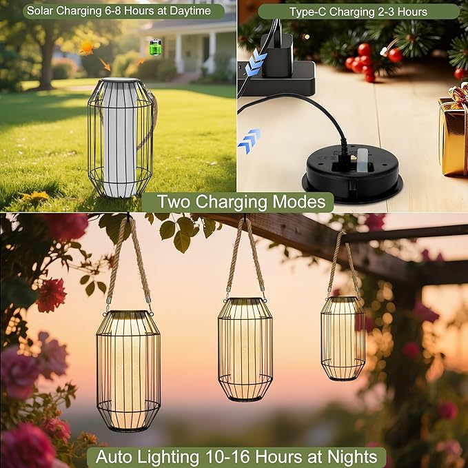 Large Solar Lanterns Outdoor Rechargeable Hanging/Standing Lantern Waterproof Metal Solar Table Lamp with Warm Lights Retro Handle for Patio,Yard,Garden,Proch,Trees, Wedding Decoration