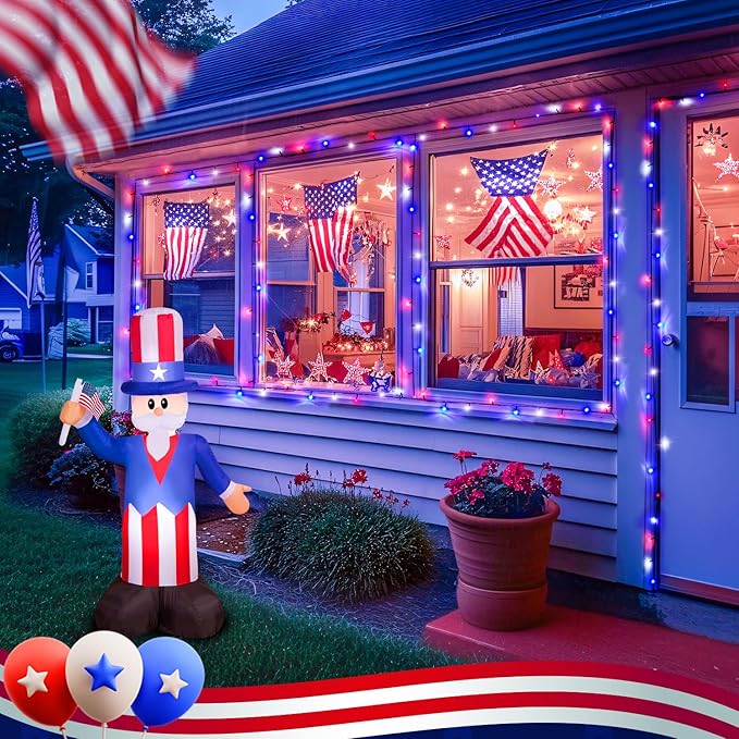JMEXSUSS Red White and Blue Lights Outdoor Indoor, 2 Pack 100 LED 4th of July String Lights Battery Operated Waterproof for Patriotic Decoration Outside House Garden Tree
