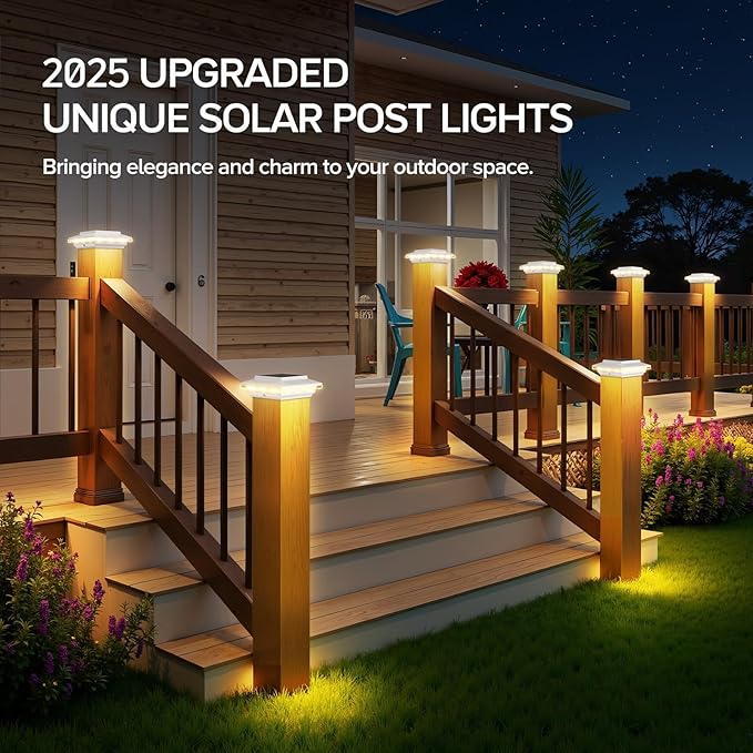 6 Pack 4x4 Solar Post Cap Lights Upgraded, Brighter and Extended Beam to Light Post Fence Deck with Warm/White Lights, Waterproof Outdoor Posts Solar Lights for Patio Porch Vinyl/Wooden Posts